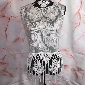 Bebe white embroidered sheer fringe top